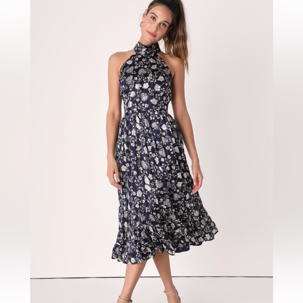 Lulus Brunch Bound Navy Blue Floral
Print Halter Midi Dress -Sold out on site